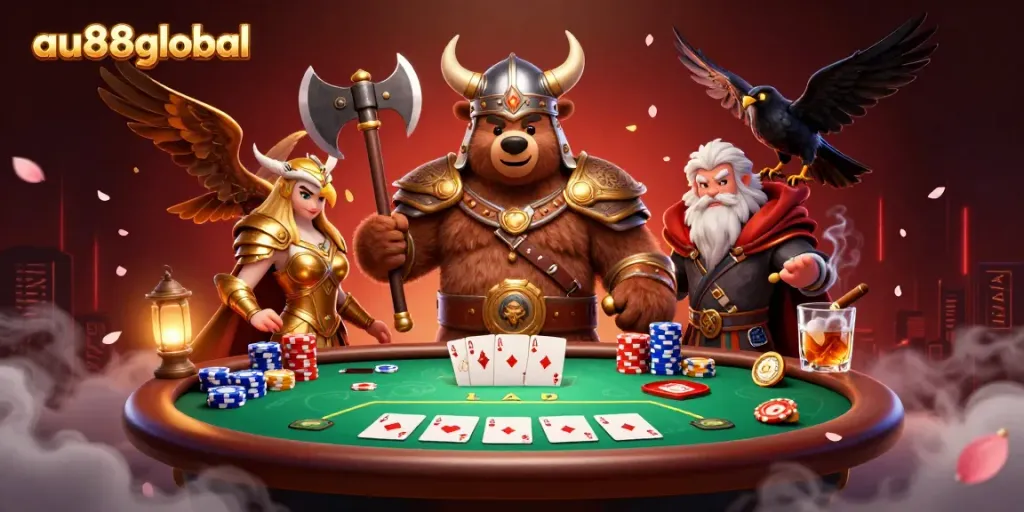 Engage with premium poker action at au88global featuring a Viking bear, Valkyrie eagle, and dynamic casino elements.
