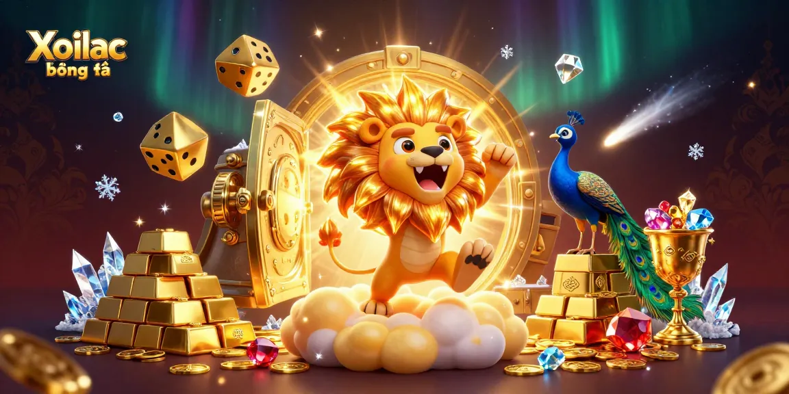 Xoilac bóng đá showcases a 3D lion roaring triumphantly among golden dice and treasures in an engaging betting scene.