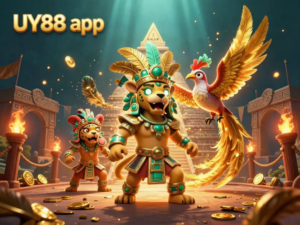 Experience winning with the UY88 app through this dynamic Mayan-themed casino illustration.