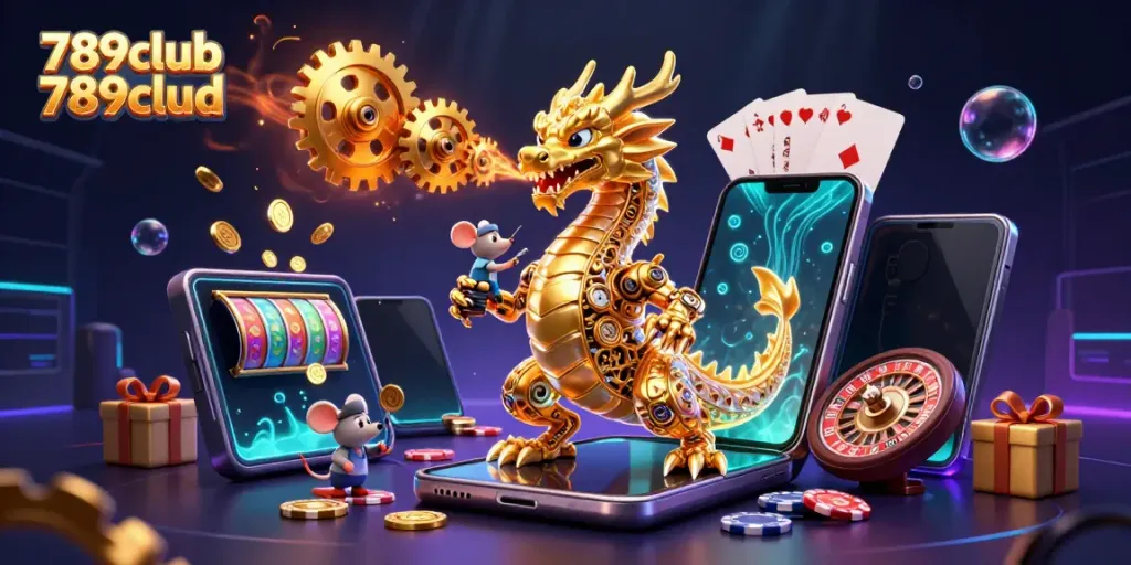 Engage with the thrilling world of 789club 789clud, featuring a golden dragon amidst vibrant gaming elements.