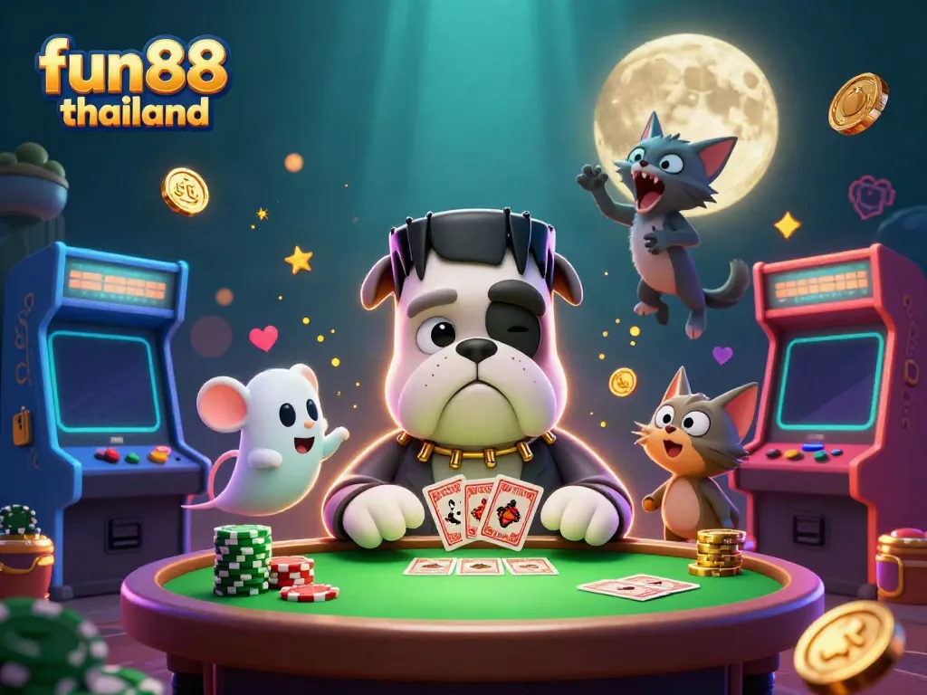 Engage in thrilling gaming at fun88 thailand with monsters and interactive casino elements illuminating the scene.