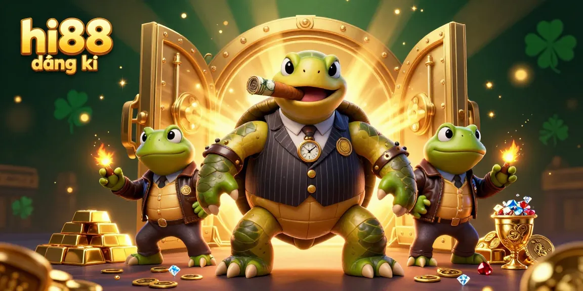 Engage with hi88 đăng ký for exciting casino action, featuring vibrant scenes of a turtle in a mobster suit.