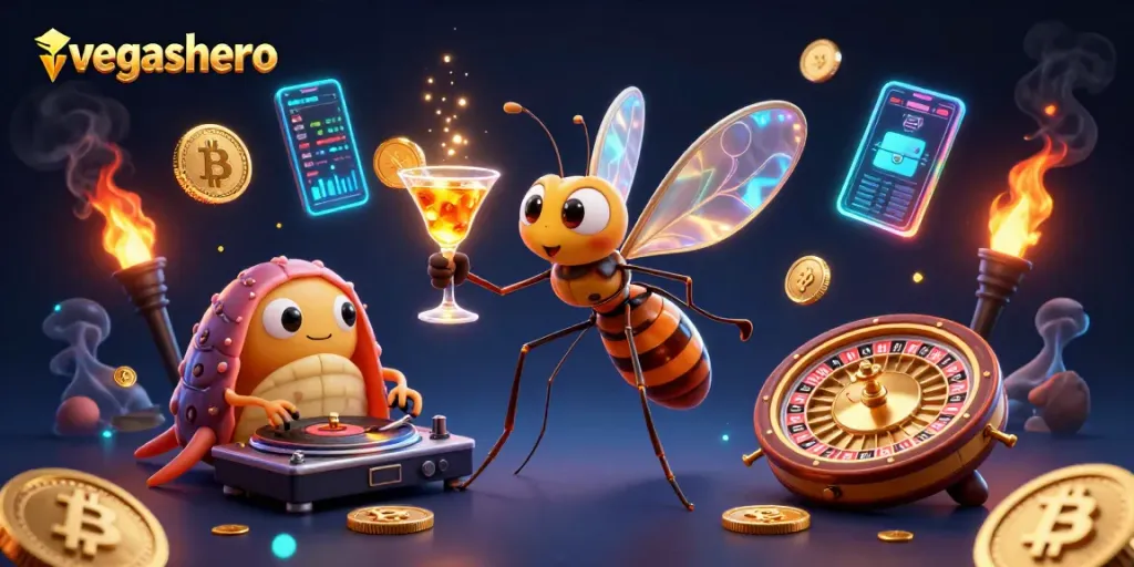 Vegashero offers thrilling gaming experiences with dynamic casino elements in a vibrant illustration.