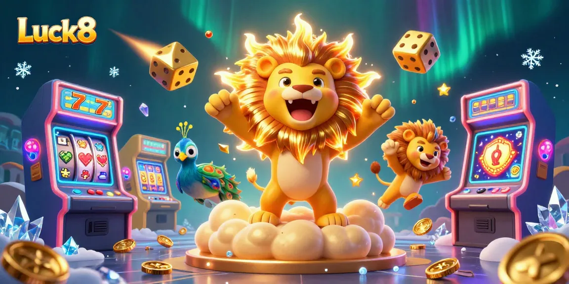 Experience Luck8 with vibrant slot machines in a 3D illustration, featuring casino elements and dazzling animations.