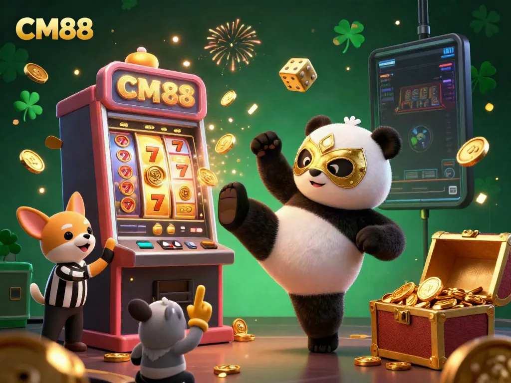 CM88 showcases a lively casino scene with a panda wrestler, chihuahua referee, and vibrant slot machine action.