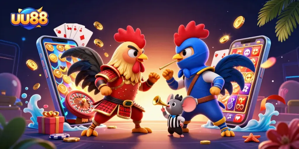 Join the thrilling duel of fighting roosters plus gaming excitement at uu88 - dynamic casino illustration