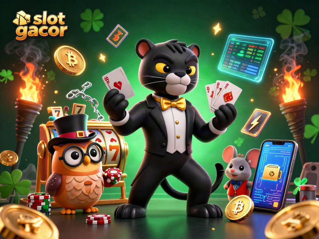 Engage with slot gacor action in this vibrant scene featuring a tuxedoed panther and lucky characters amidst glowing coins.