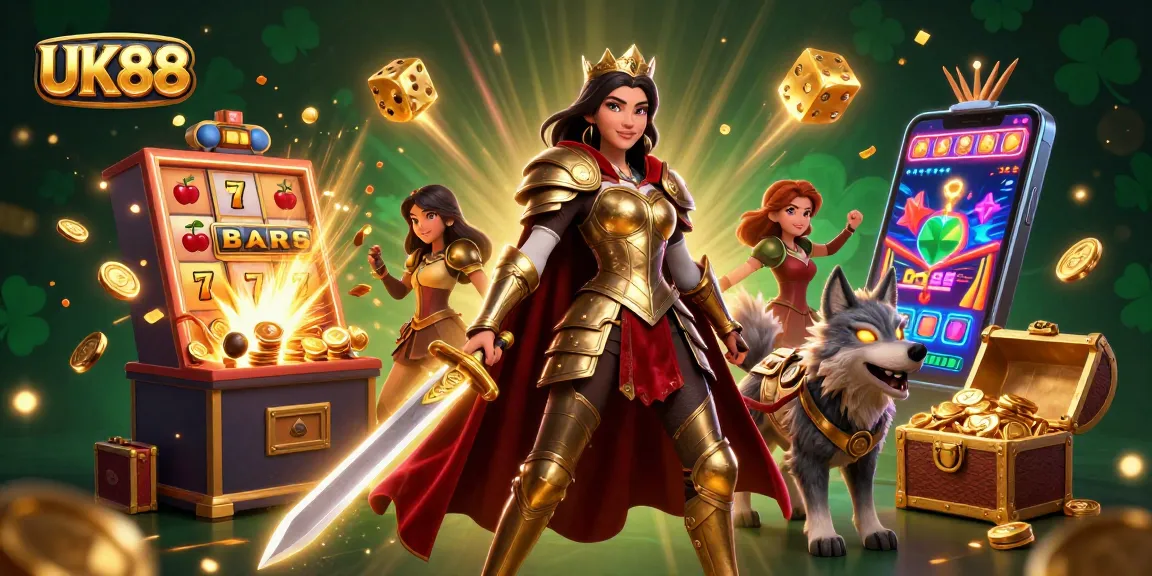Engage in UK88's vibrant gaming world with a warrior queen and jackpot excitement from slot machines.