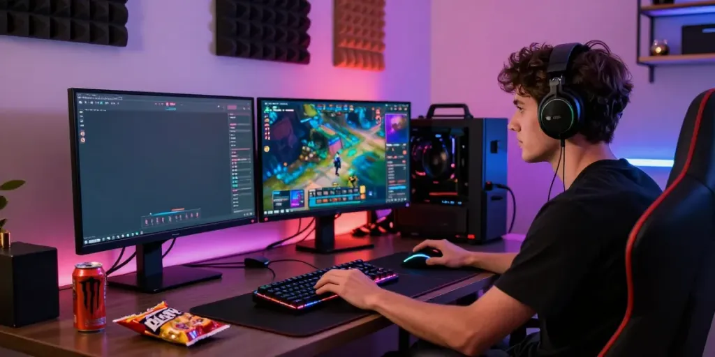Engaged gamer at home office using SV88 platform for online gaming.