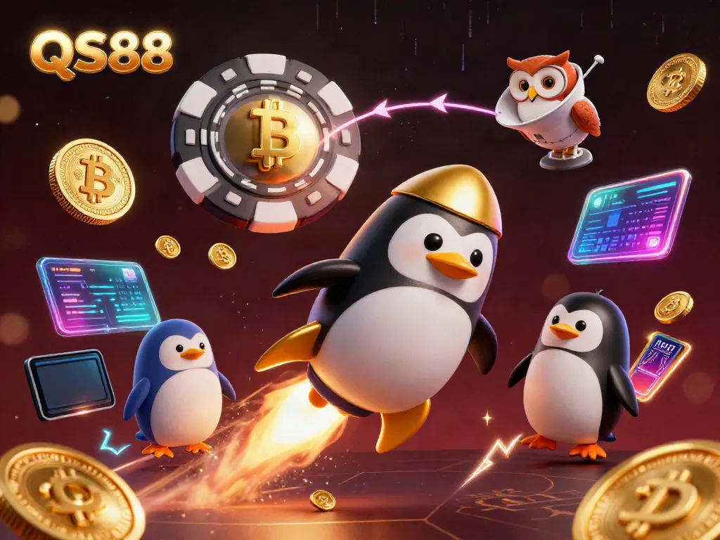 Experience exciting gaming with QS88's dynamic illustration featuring a golden penguin and crypto elements.