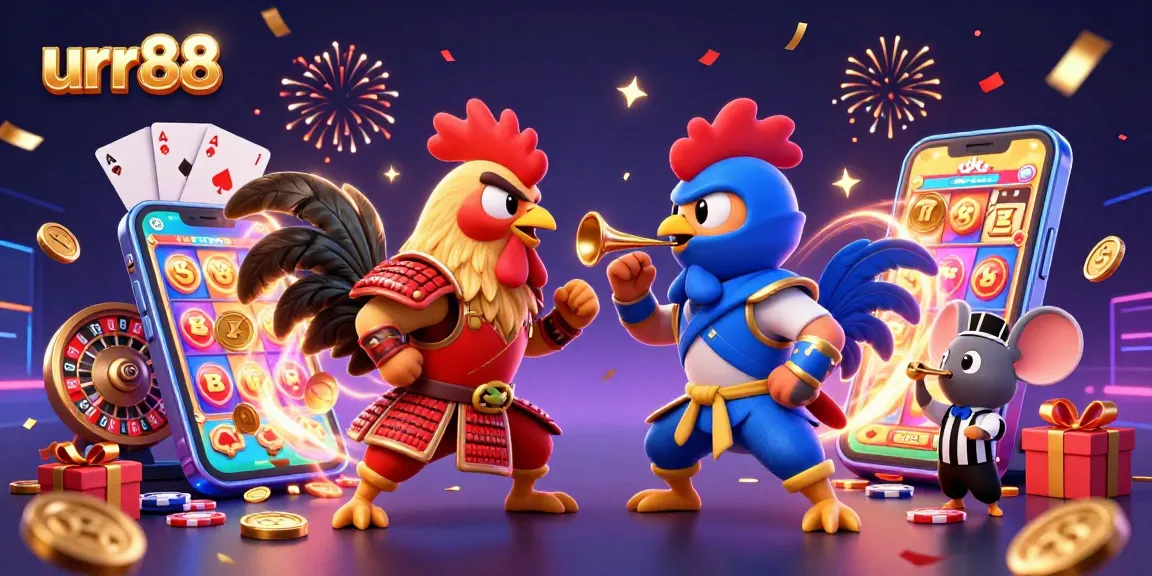Experience the thrill of urr88 with vibrant 3D illustrated fighting roosters in a dynamic casino scene.