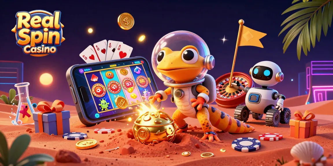 Experience excitement at Real Spin Casino with Martian gecko and robot rover in a vibrant gaming scene.