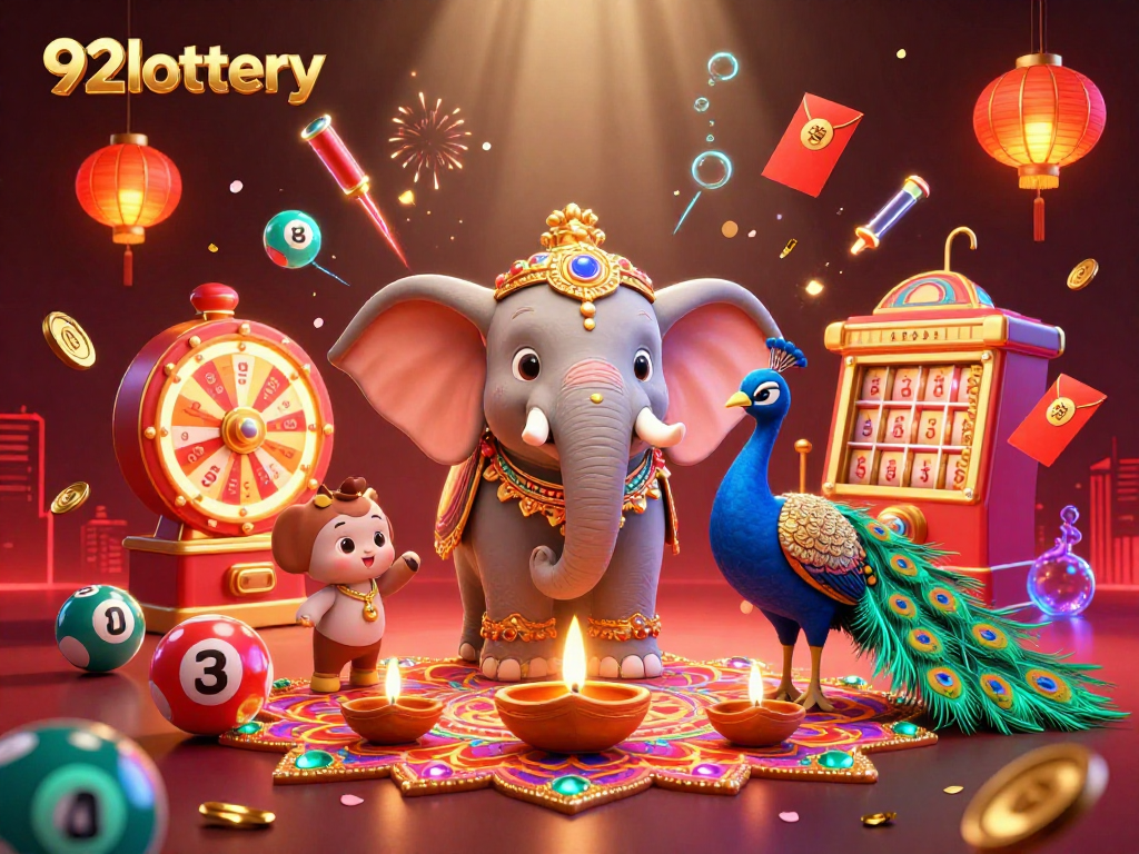 Experience thrilling lottery draws with 92lottery's vibrant themed illustration filled with excitement.
