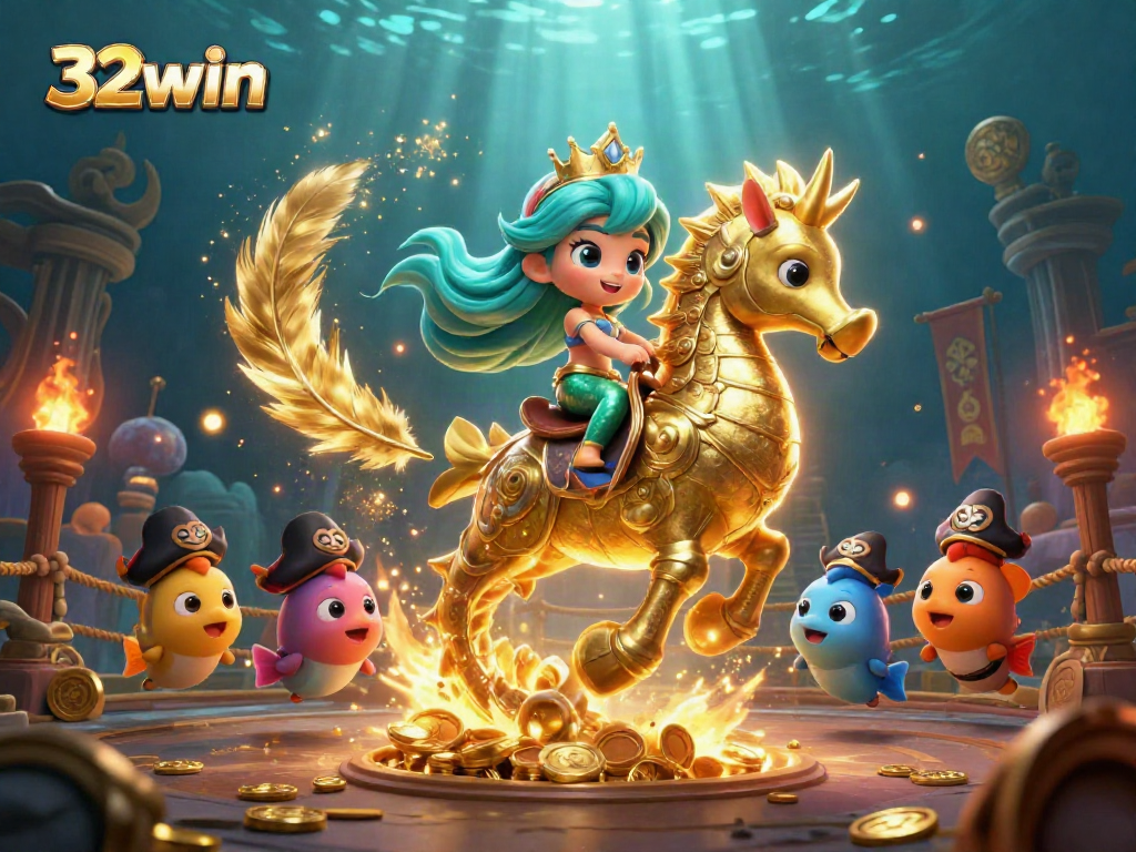 Join the excitement at 32win with a vibrant 3D casino-themed underwater adventure illustration.
