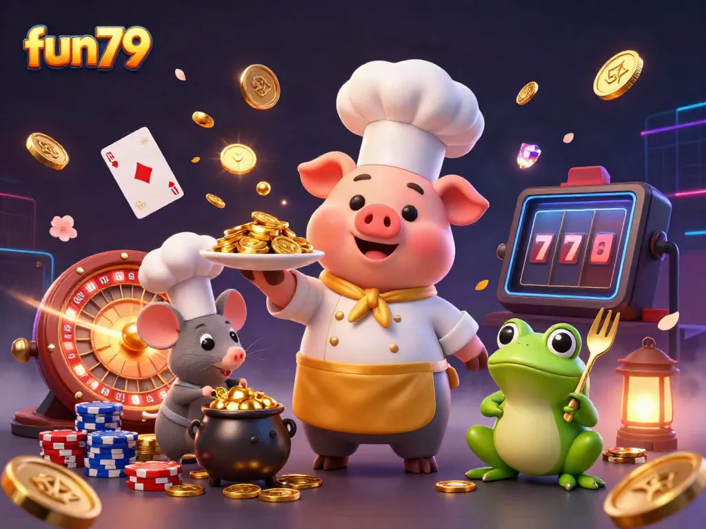 Experience fun79 with a vibrant 3D illustration featuring a chef pig serving gold coins, embodying excitement in online gaming.