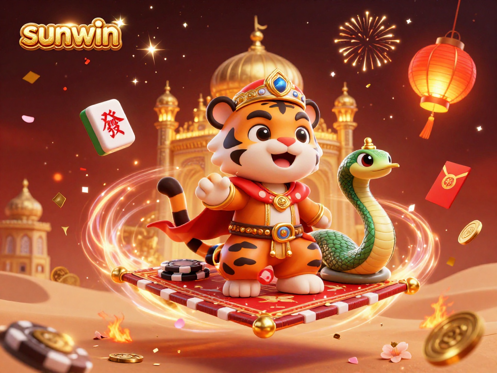 Experience the magic of sunwin with our vibrant Arabian-themed casino scene featuring animated characters and festive elements.
