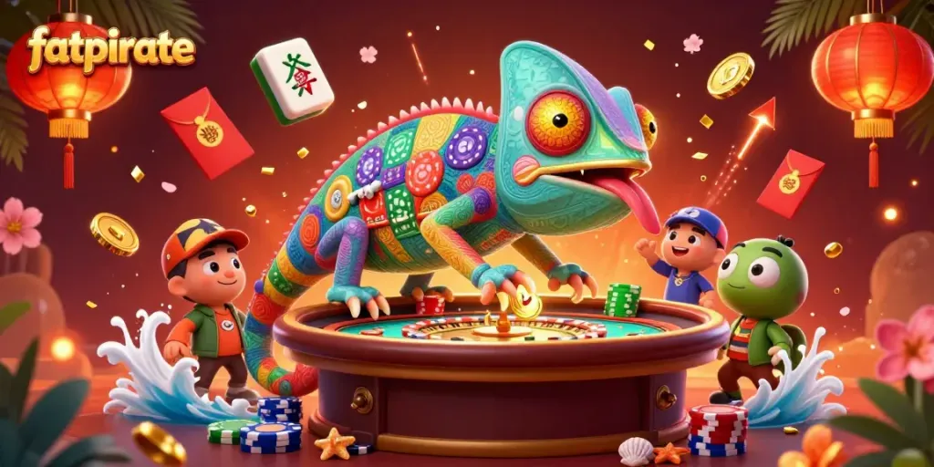 Experience the exciting gaming world at fatpirate with a colorful chameleon owner amidst festive casino elements.