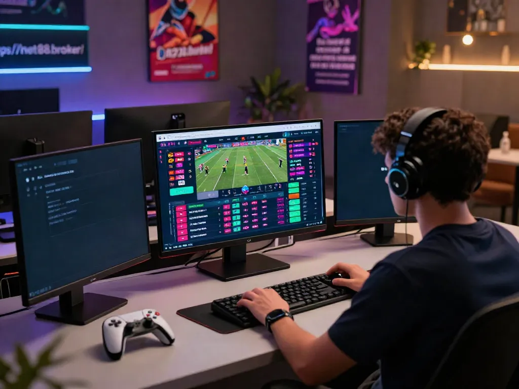 Engaged user at a modern betting setup exploring sports odds on https://net88.broker/ in a vibrant online gaming atmosphere.