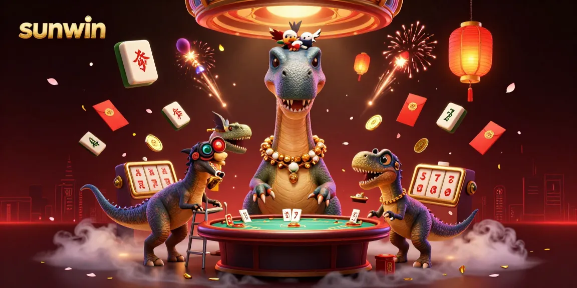 Engage with sunwin in this dynamic casino scene featuring a brontosaurus and clever raptor.