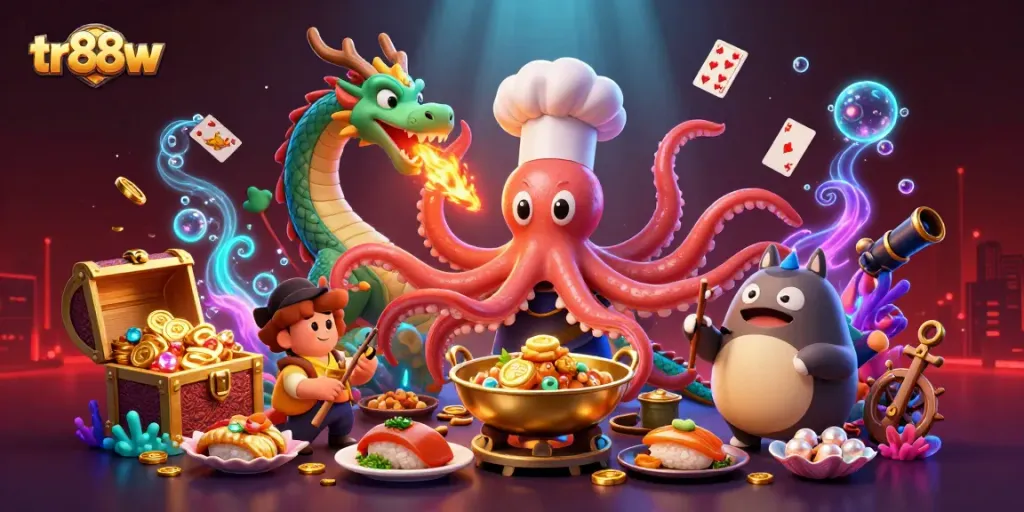 Experience tr88w's thrilling action with vibrant 3D characters and casino elements in this dynamic scene.