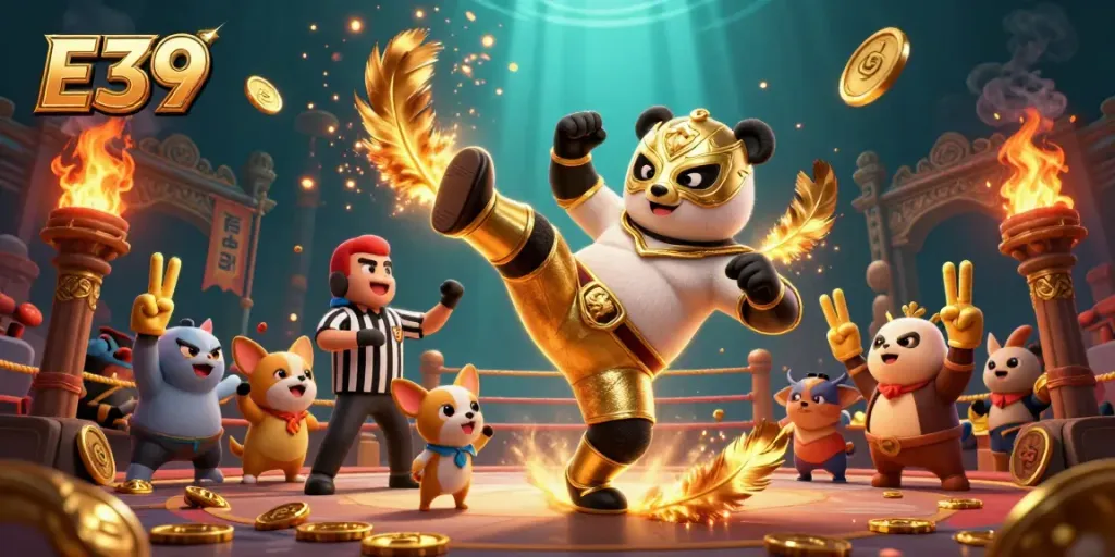 E39's exciting 3D illustration showcases a panda wrestler flying kick in a bustling casino environment