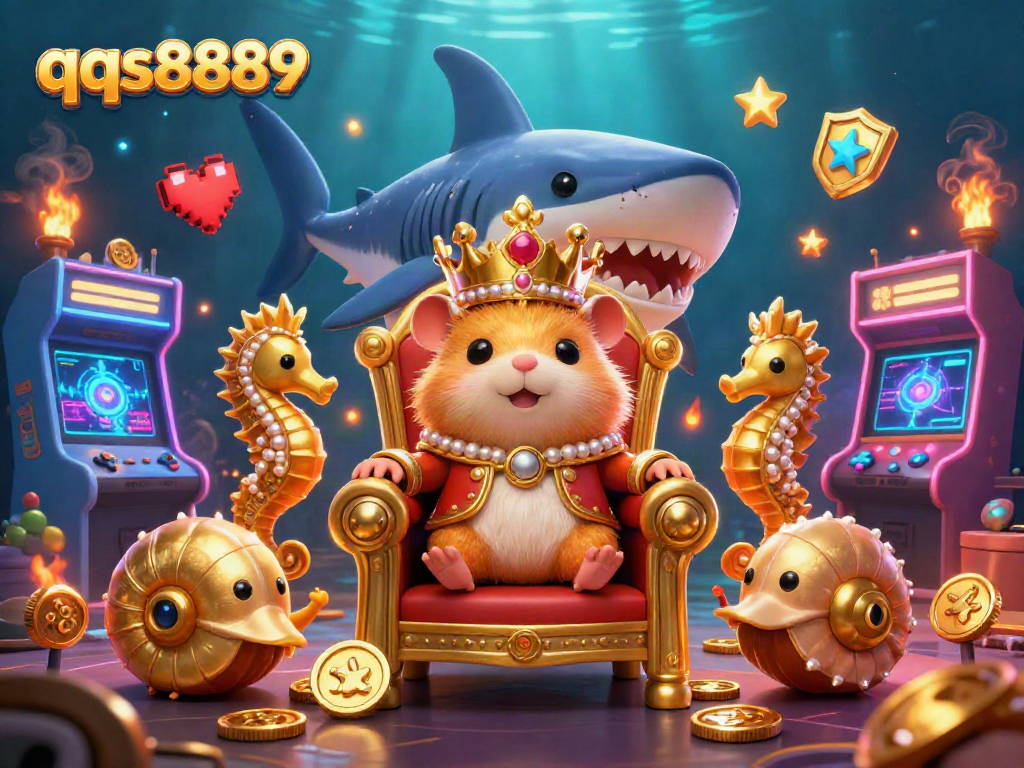 Engage with the vibrant world of qqs8889 featuring a golden hamster king and royal seahorse guards in a captivating casino scene.
