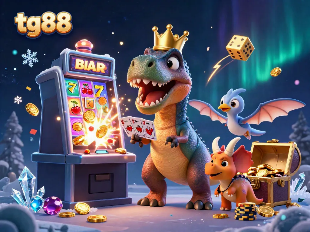 Experience thrilling gameplay with tg88 featuring a T-Rex dealing cards and exciting casino elements.