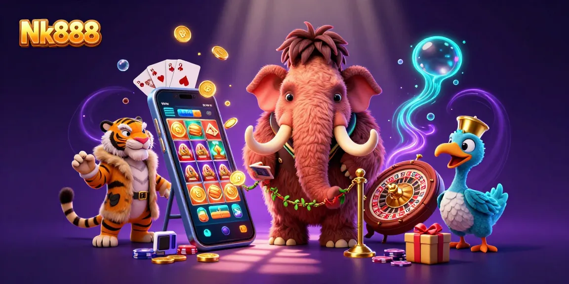 Experience vibrant gaming with Nk888's dynamic casino illustration featuring a woolly mammoth bouncer.