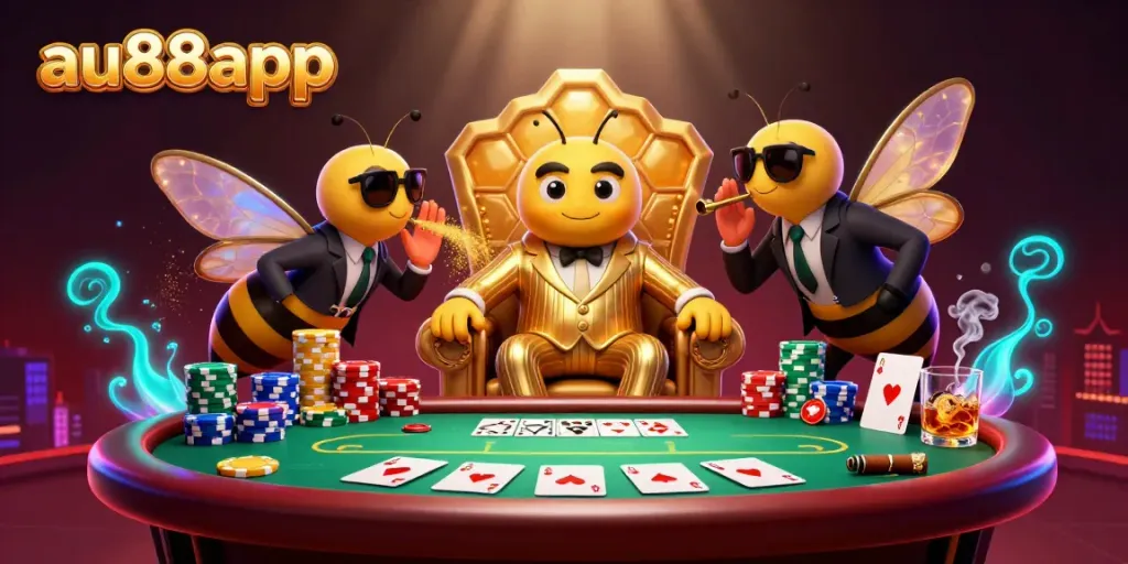 Engage in the excitement of AU88 app poker with this vivid illustration showcasing a bumblebee mob boss amid vibrant casino elements.