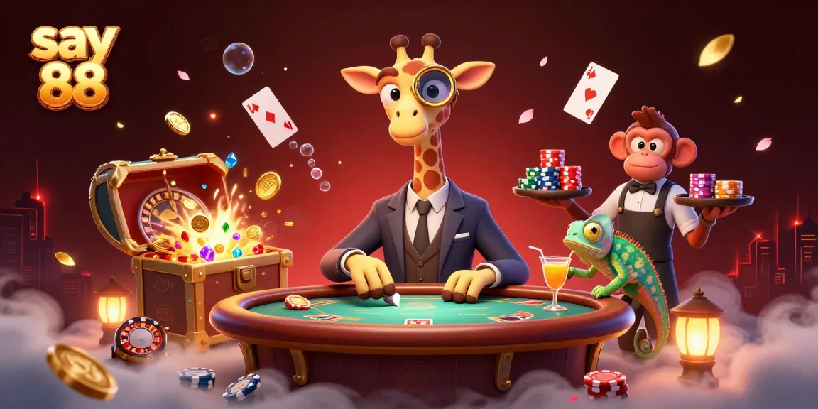 Engage with exciting games at say 88, where a high-roller giraffe and monkey valet celebrate wins in vibrant casino energy.