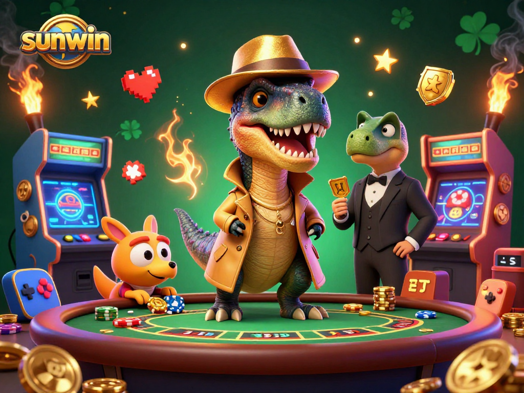 Experience thrilling gameplay at sunwin with a velociraptor card counter surrounded by vibrant casino elements.