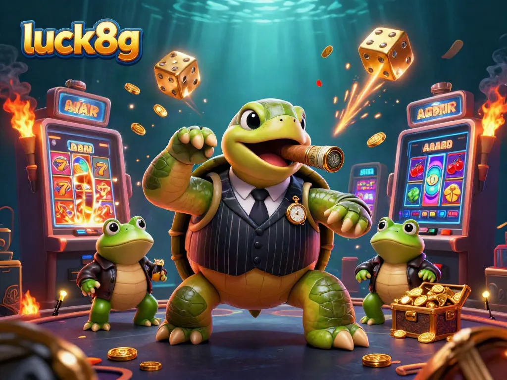 Experience the vibrant thrill of luck8g with our cartoon turtle mobster and dynamic casino scene.