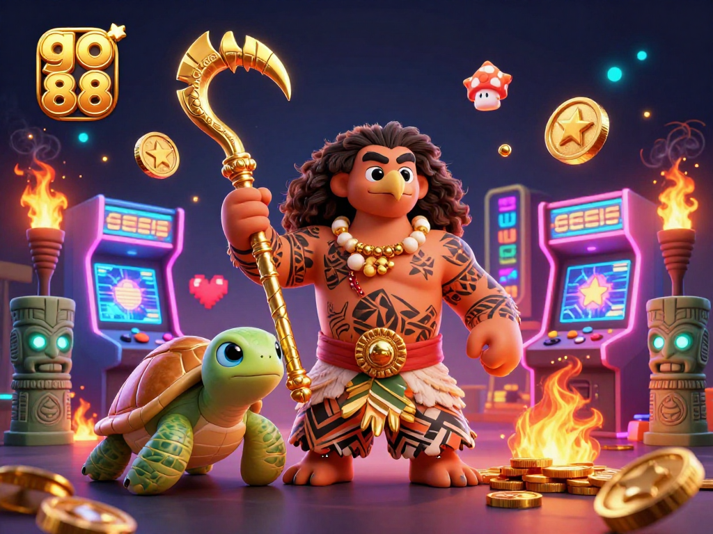 Engage with go 88 in this vibrant 3D scene of a demigod and turtle amid casino elements.