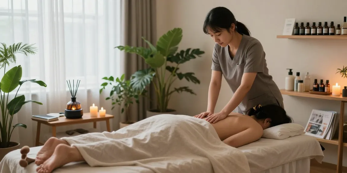 Relaxing 용인출장마사지 therapy session in a calming wellness studio with soothing environment.
