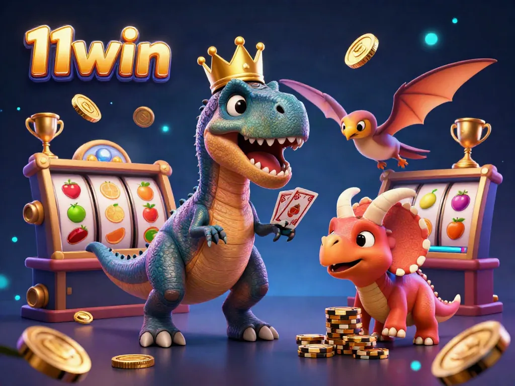 Experience the excitement of 11win with a T-Rex shuffling cards and a triceratops stacking chips in a vibrant casino scene.