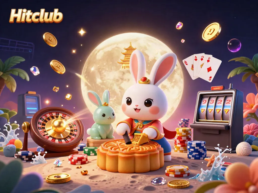 Experience thrilling gaming with Hitclub as lively characters reveal poker chip-filled mooncakes in this vibrant 3D illustration.
