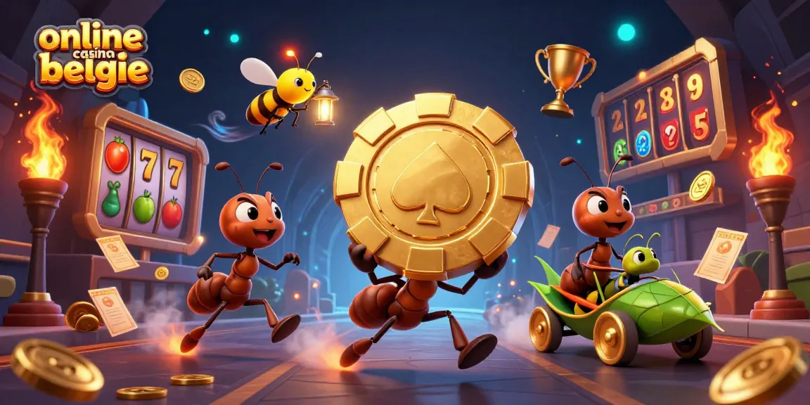 Experience the exciting world of online casino belgie with animated ants on a heist carrying a giant poker chip.