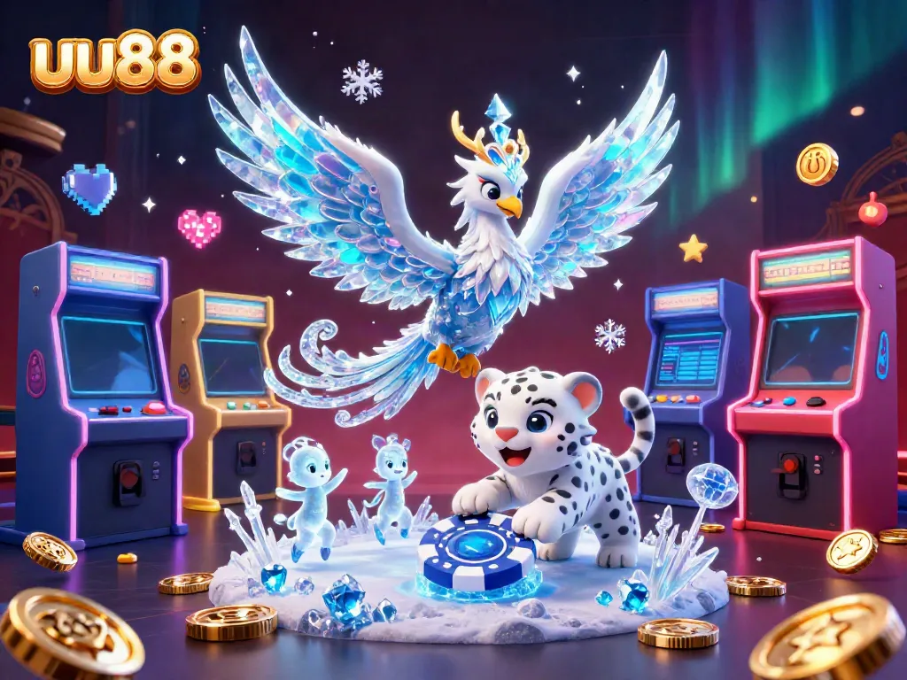 uu88 casino features vibrant fantasy elements with an ice phoenix, playful snow leopard, and glowing sprites.