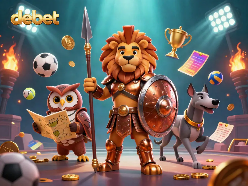 Engaging debet-themed illustration with a heroic lion and dynamic sports betting elements.