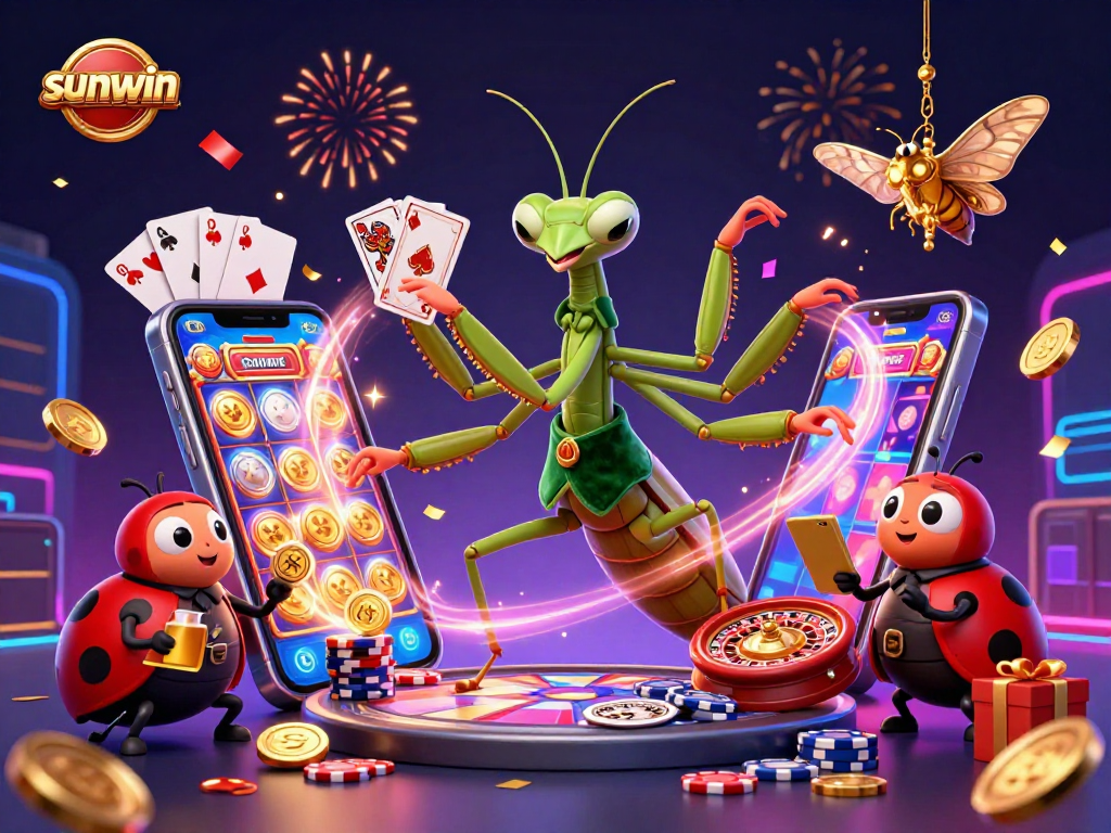 Engage with sunwin gaming action in a vibrant casino scene filled with festive characters and gaming elements.