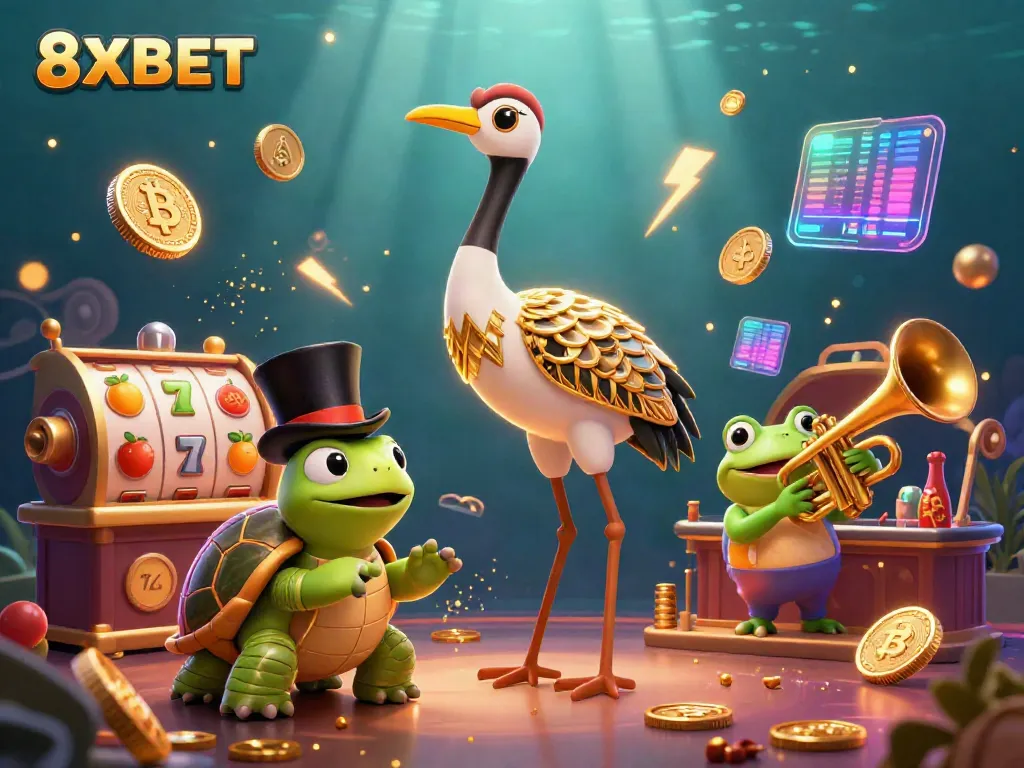 Join the excitement at 8XBET with a vibrant casino scene featuring a flapper crane, top-hat turtle, and trumpet frog.