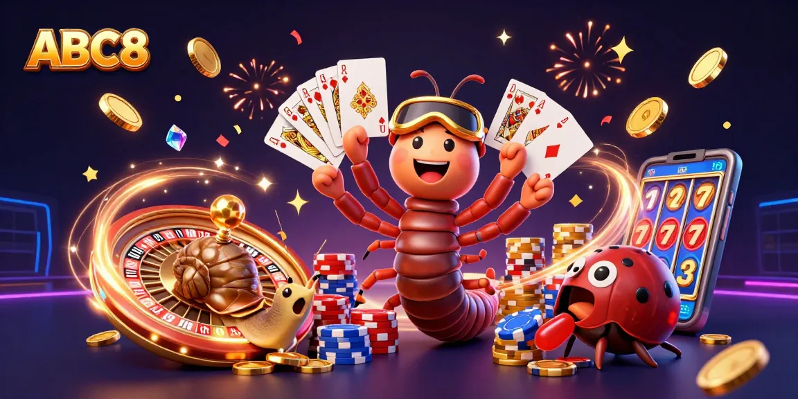 ABC8 transforms gameplay with a vibrant scene of a millipede dealer, exciting poker cards, and shimmering chips.