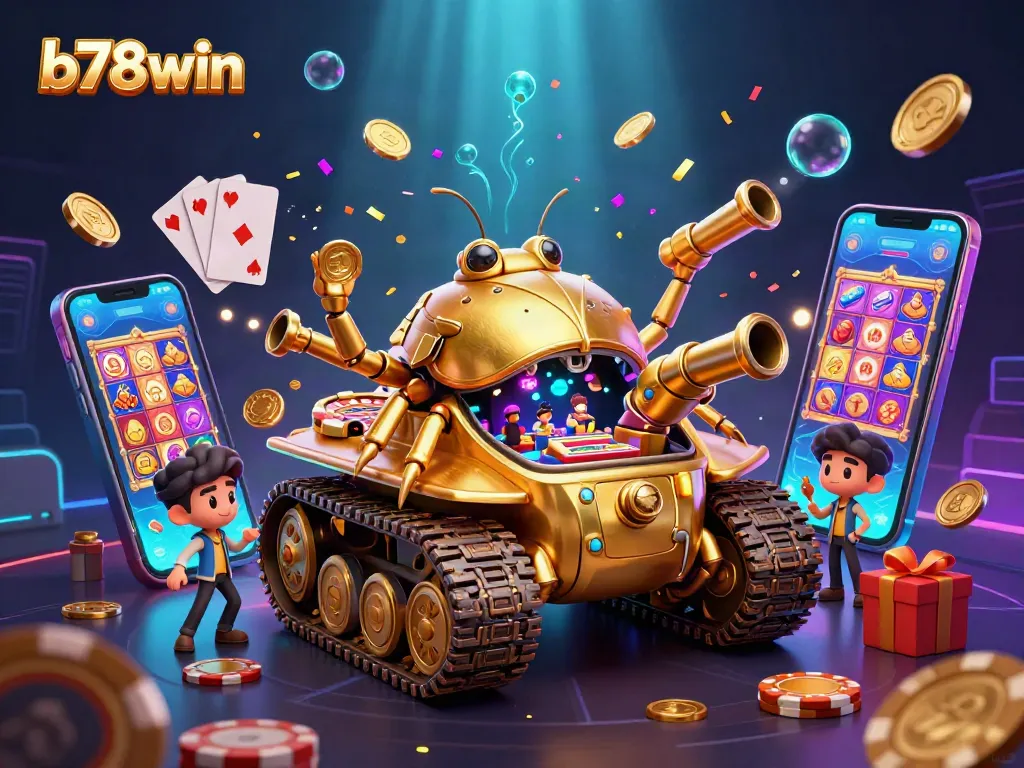 Engage in thrilling casino adventures with b78win's vibrant 3D illustration showcasing a miniature casino within a golden beetle tank.