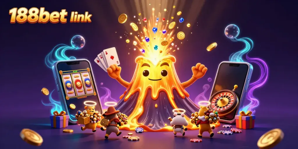 Experience the thrill of the 188bet link with vibrant treasures and casino elements erupting in a digital landscape.