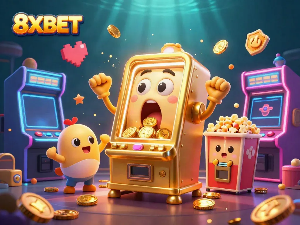 Play slots and win with 8XBET's vibrant cartoon world, featuring a golden slot machine hitting a jackpot.