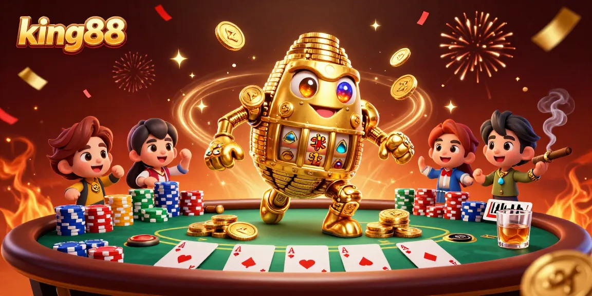 Experience king88 excitement with a lively scene of golden golems and poker action.