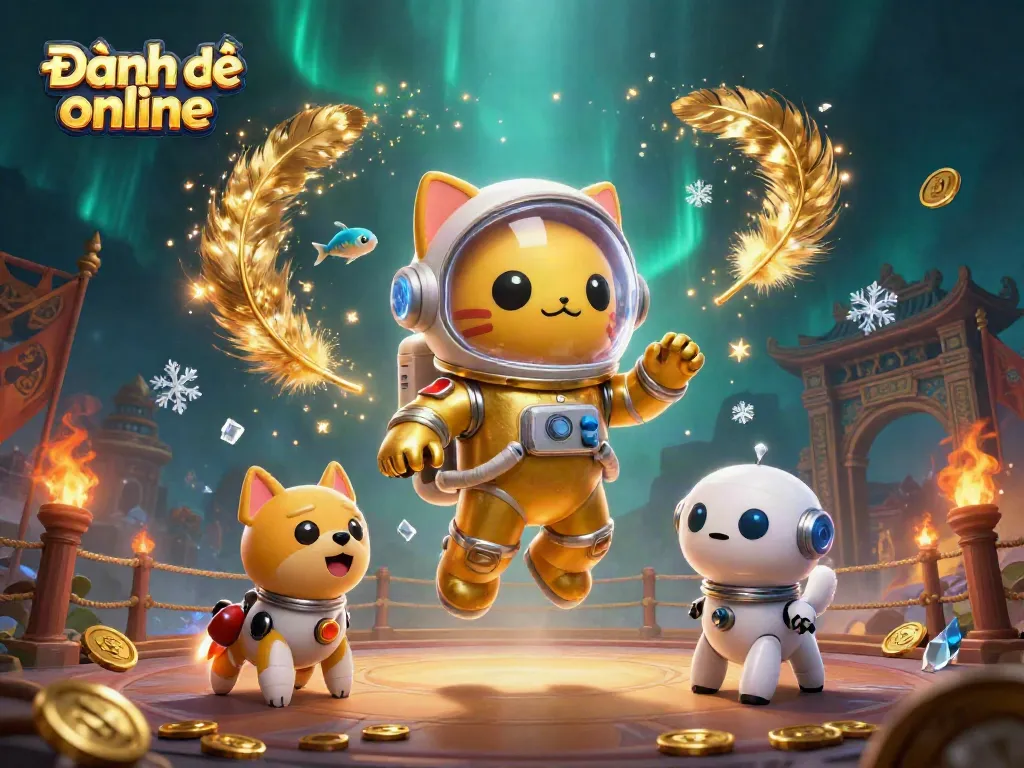 Engage in Đánh đề online with vibrant cosmic illustration featuring a space cat and robot dog alongside alien fish.