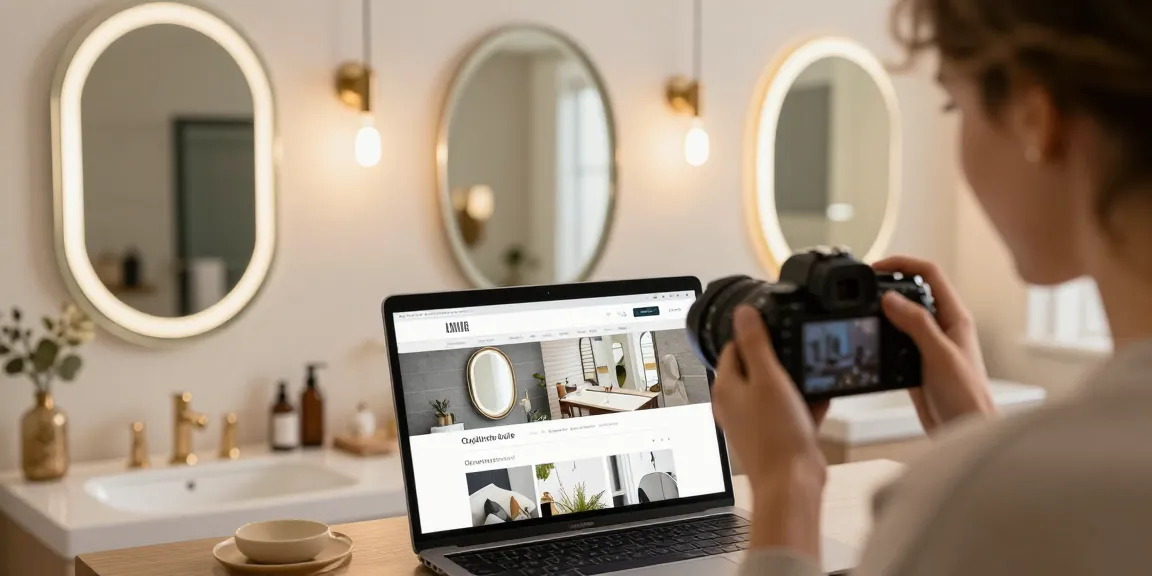 An elegant oglinda baie is featured in a stylish online shopping setup, showcasing deals and product reviews on an e-commerce platform.