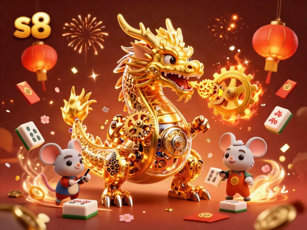 s8 golden dragon and mouse engineer surrounded by festive casino elements