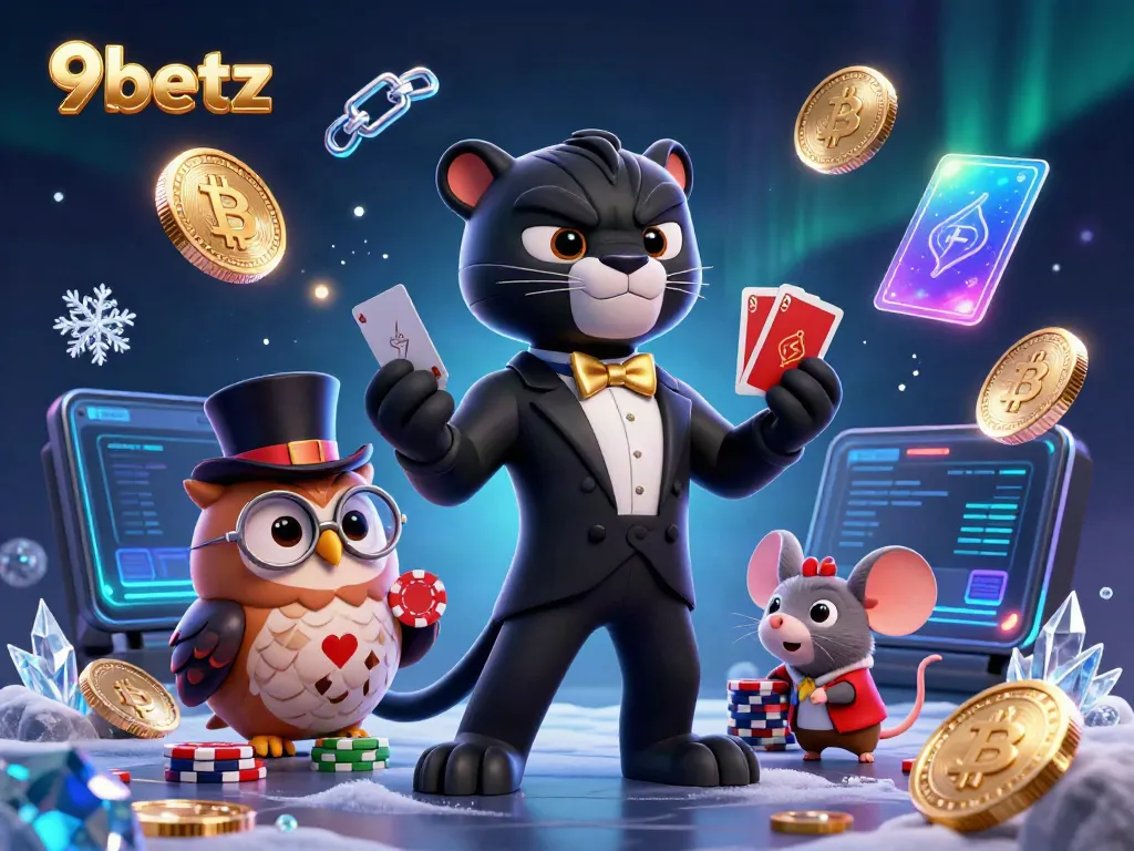 9betz engaging in a thrilling card game amidst neon-lit crypto coins and characters.
